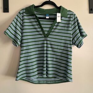 Old Navy Green and White Striped V-Neck Polo